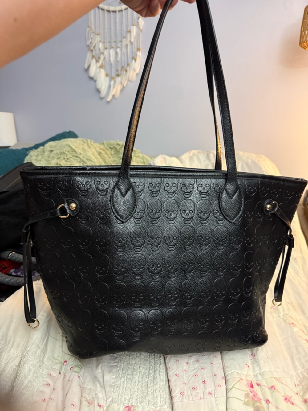 Micom Black Skull-Embossed Tote Bag and Matching Pouch